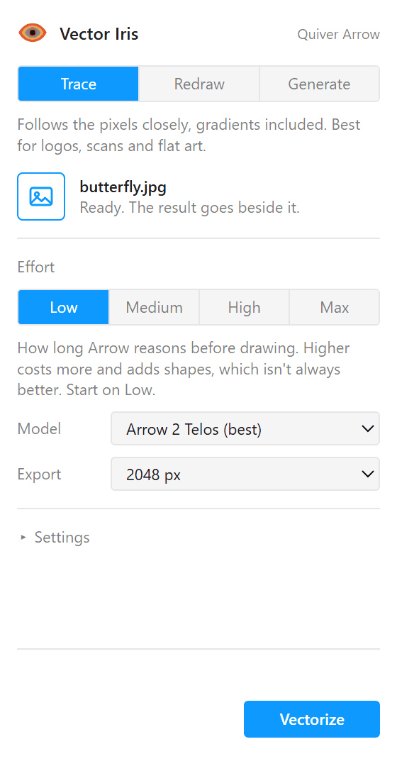 The Vector Iris plugin in Figma: Trace, Redraw and Generate tabs, the selected butterfly image, effort and model controls, and a Vectorize button.