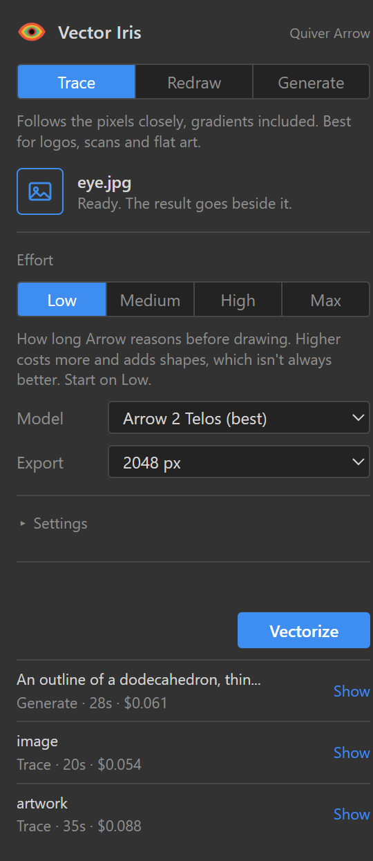 The Vector Iris panel in Illustrator: Trace, Redraw and Generate tabs, the selected image, effort and model controls, a Vectorize button and a history of runs with their time and cost.